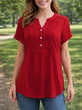 Westport Red Button-Down Blouse Large short sleeve